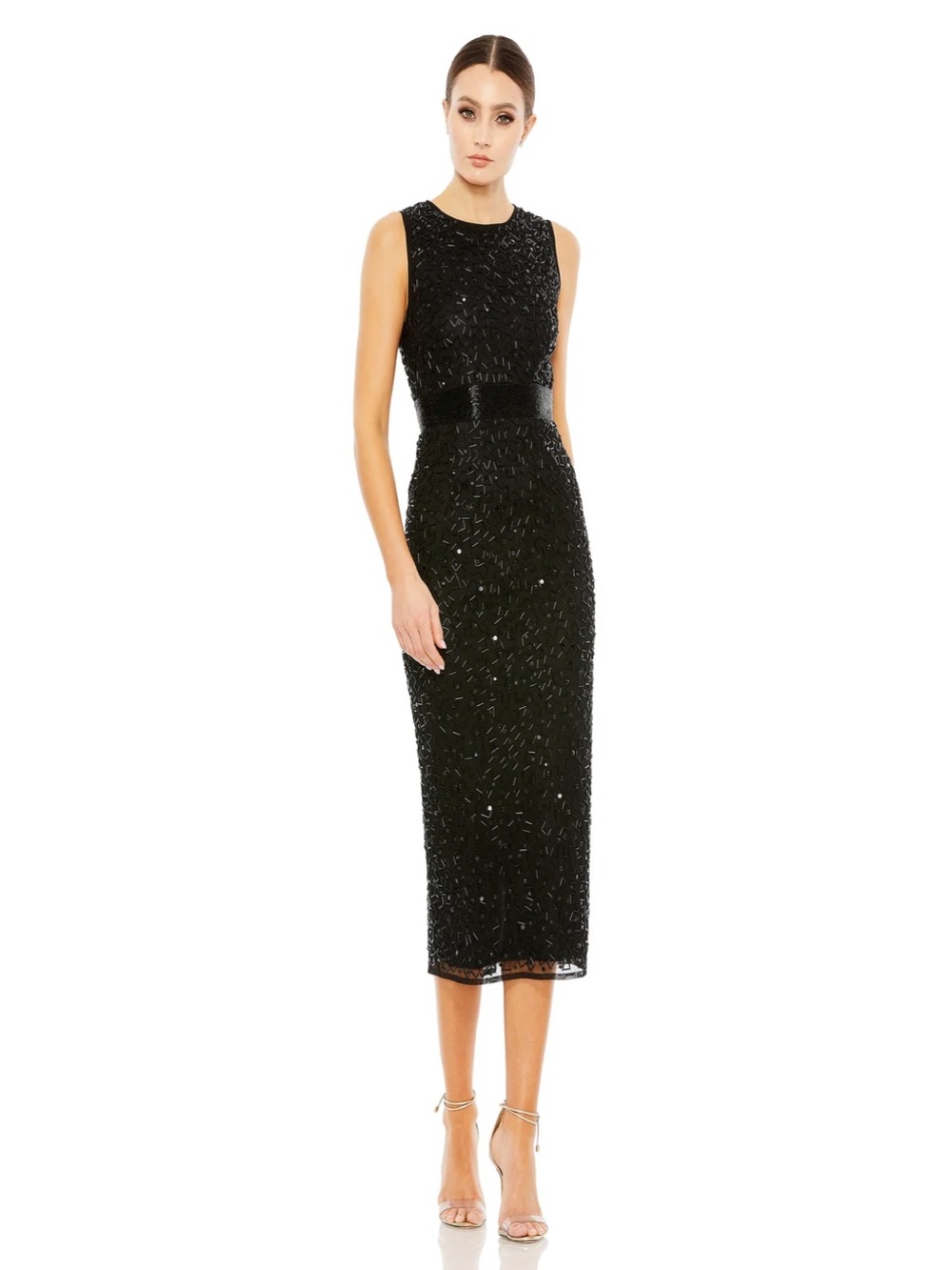 Mac Duggal 93758 Black Geometric Beaded Sequin Midi Dress Size 2 NWT